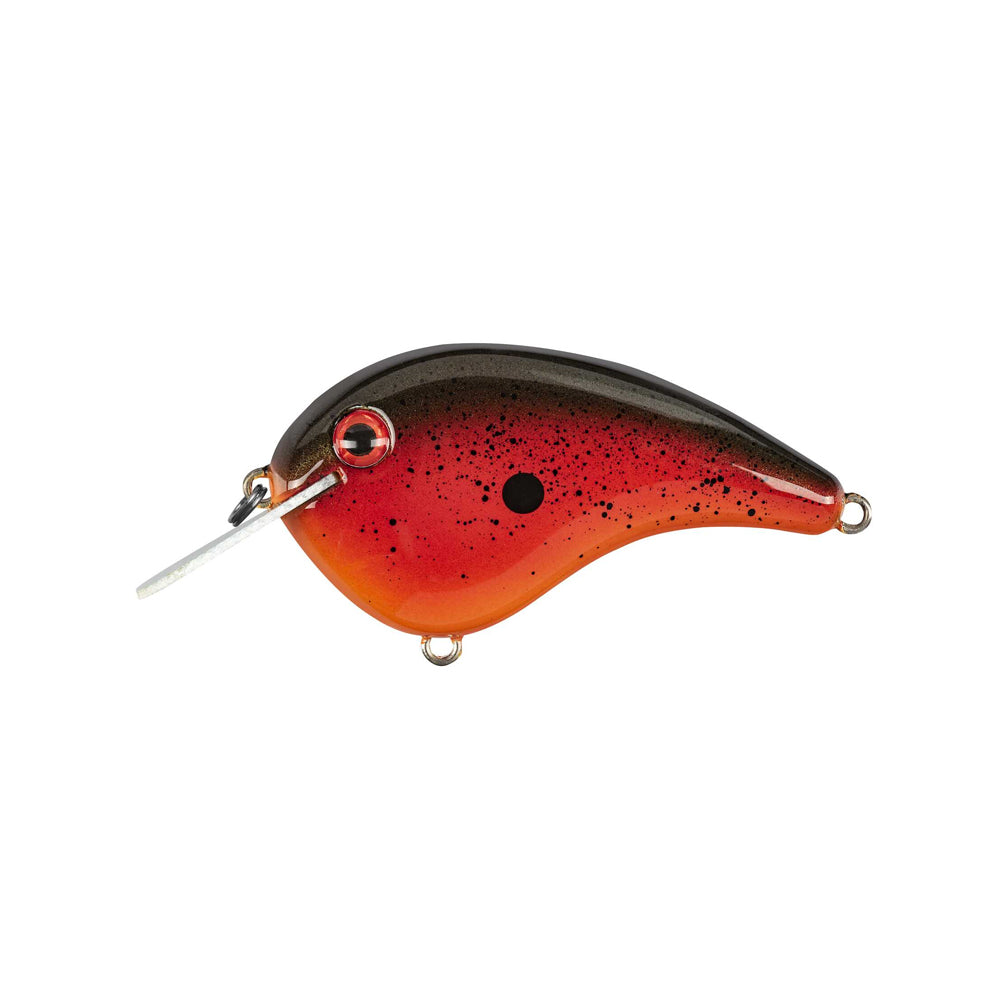 The Strike King Chick Magnet Flatside Crankbait is a flat-sided lure shaped like a small fish, with a red and black gradient body, black speckles, large central black spot, silver eye, and small metal lip—just like the original.