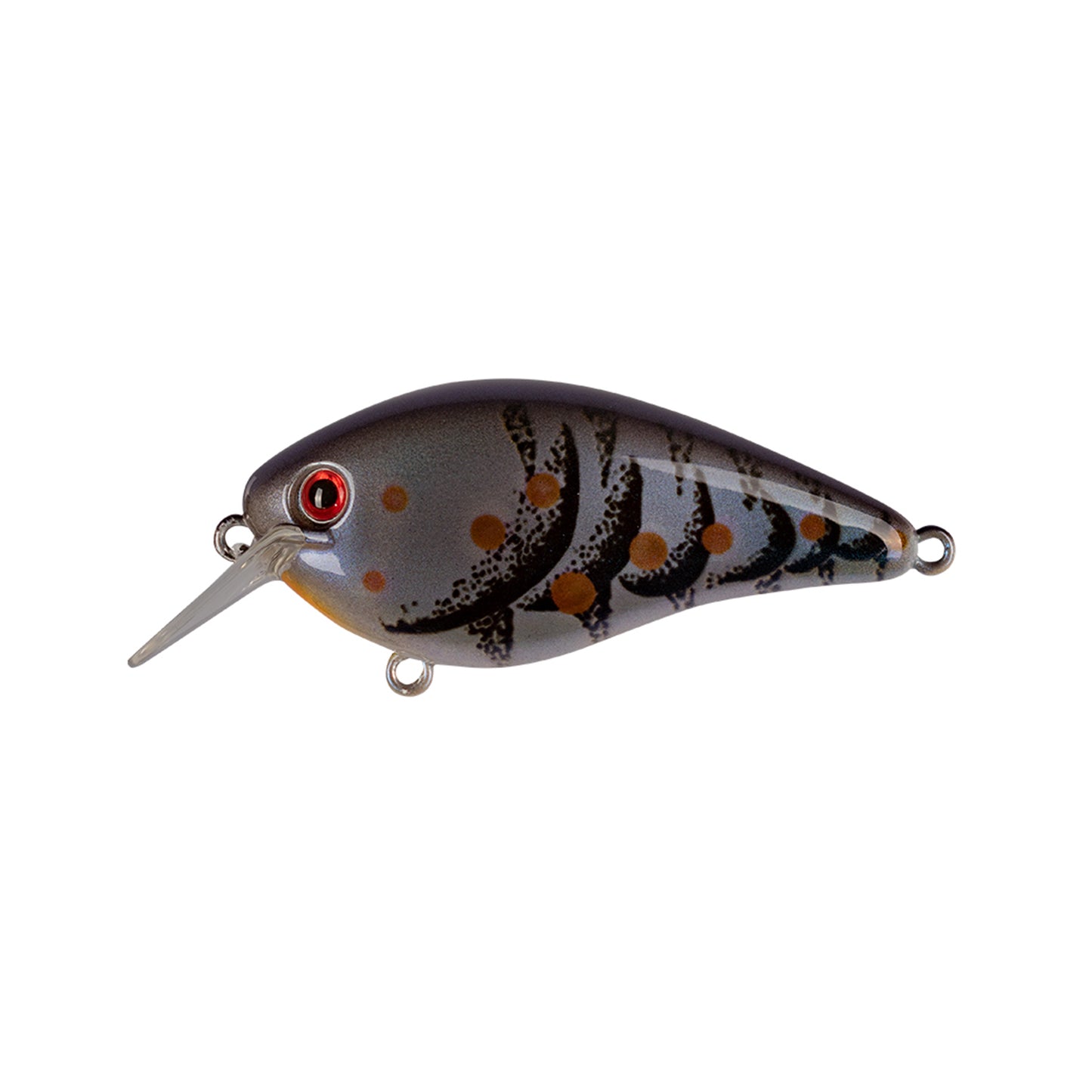 The Strike King KVD 1.5 Hard Knock Squarebill Crankbait features a fish-shaped gray body with black and orange spots, a red eye, and a silver diving lip from Strike King, displayed on a white background.