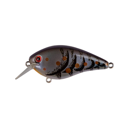 The Strike King KVD 1.5 Hard Knock Squarebill Crankbait features a fish-shaped gray body with black and orange spots, a red eye, and a silver diving lip from Strike King, displayed on a white background.