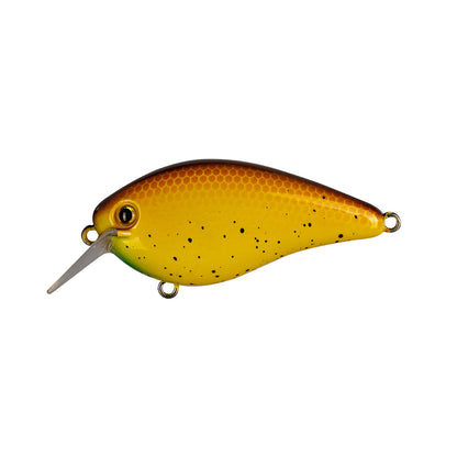 The Strike King KVD 1.5 Hard Knock Squarebill Crankbait by Strike King is a yellow and brown bait with a speckled pattern, small fin details, and a clear plastic lip, designed to imitate a fish or bait.