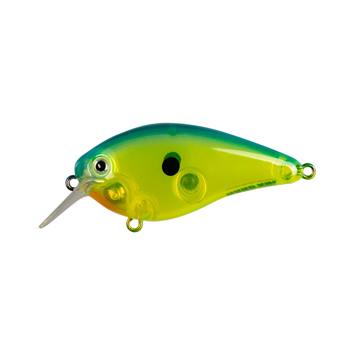 The Strike King KVD 1.5 Hard Knock Squarebill Crankbait by Strike King features a blue-green top, yellow body, black dot, orange chin, and forward-extending clear bill to mimic a small fish.