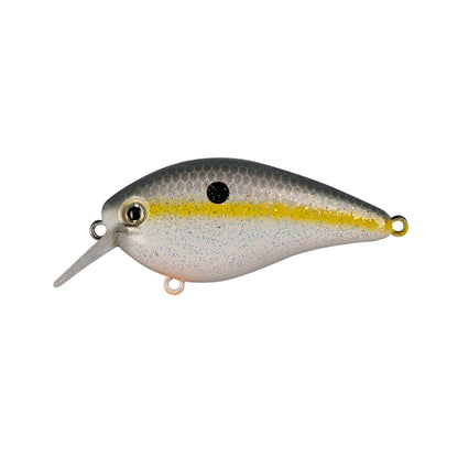 The Strike King KVD 1.5 Hard Knock Squarebill Crankbait by Strike King is a fish-shaped lure with a gray back, yellow side stripe, silver belly with blue speckles, black gill spot, a plastic diving lip, and sturdy attachment rings.