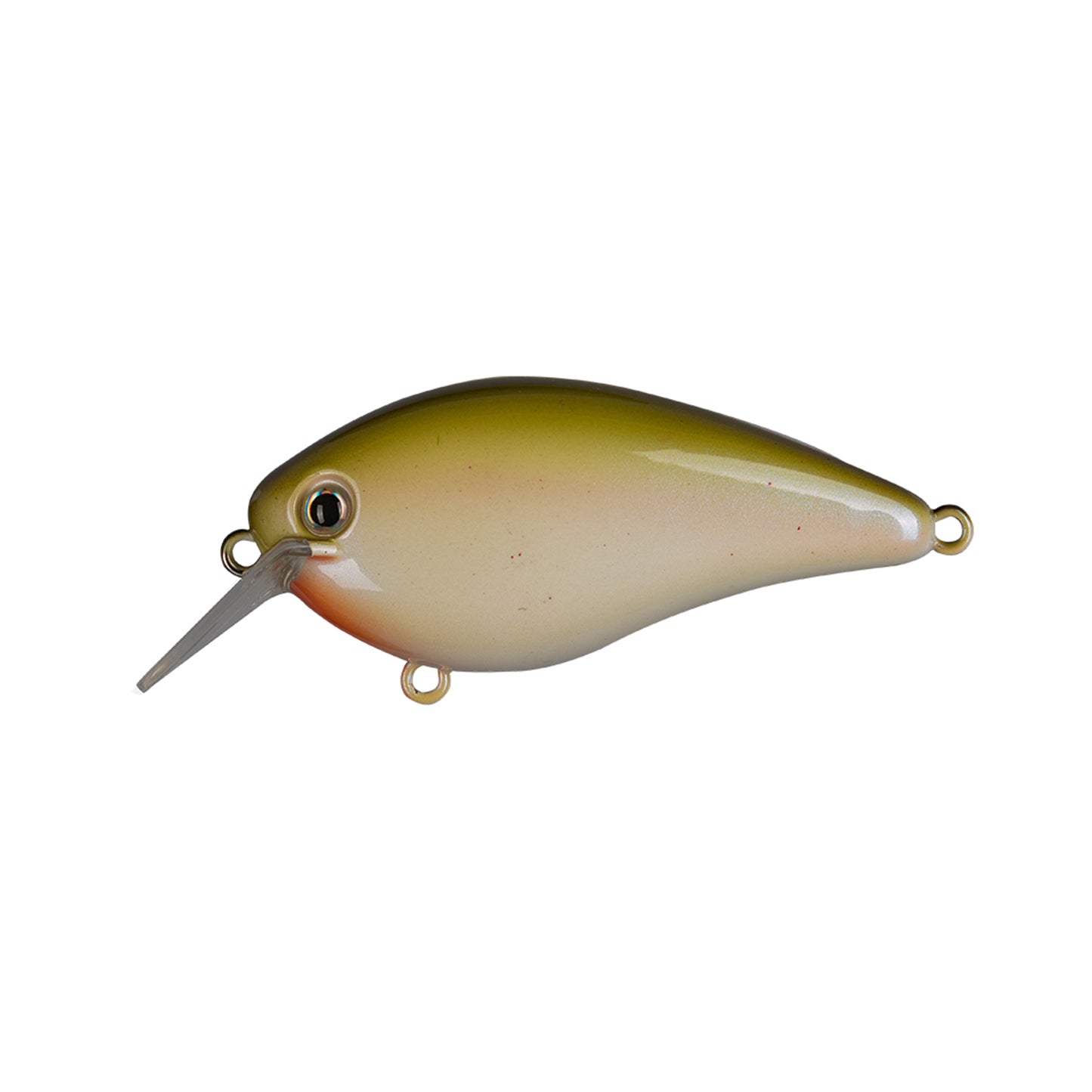 The Strike King KVD 1.5 Hard Knock Squarebill Crankbait by Strike King is a realistic olive green and beige lure with a large eye, pointed plastic bill, and three metal attachment rings, displayed on a white background.