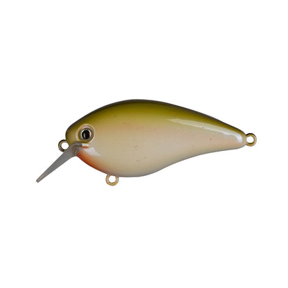 The Strike King KVD 1.5 Hard Knock Squarebill Crankbait by Strike King is a realistic olive green and beige lure with a large eye, pointed plastic bill, and three metal attachment rings, displayed on a white background.