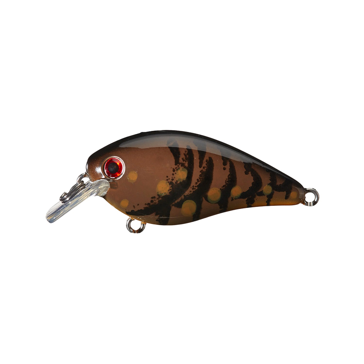 A Strike King KVD 1.5 Silent Squarebill Crankbait bass fishing lure in brown and black with red eyes, clear plastic lip, and metal loops is shown on a white background.