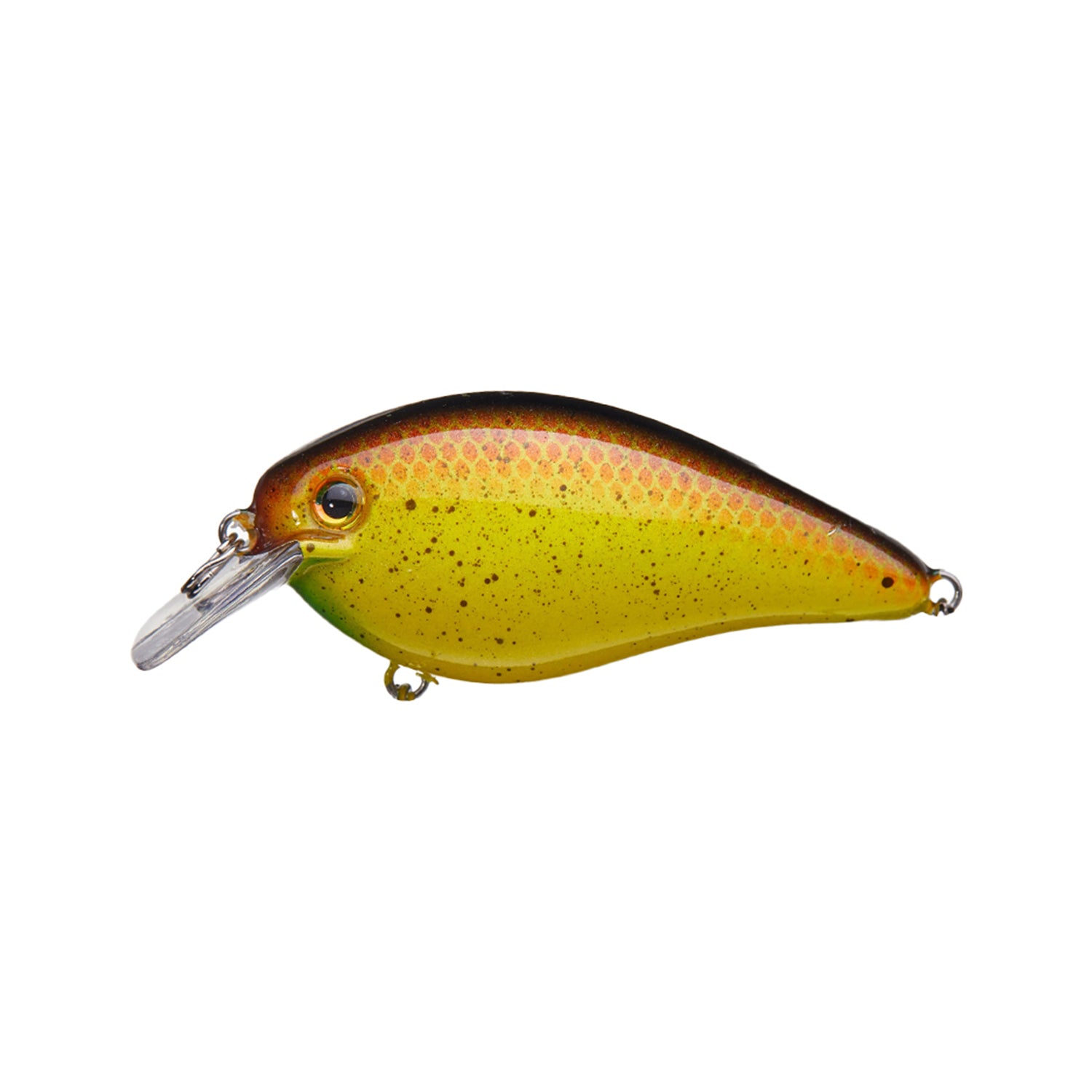A yellow and brown Strike King KVD 1.5 Silent Squarebill Crankbait with a clear plastic lip, black spots, and a scale pattern on its upper side is designed as a bass fishing lure, shown isolated on a white background.