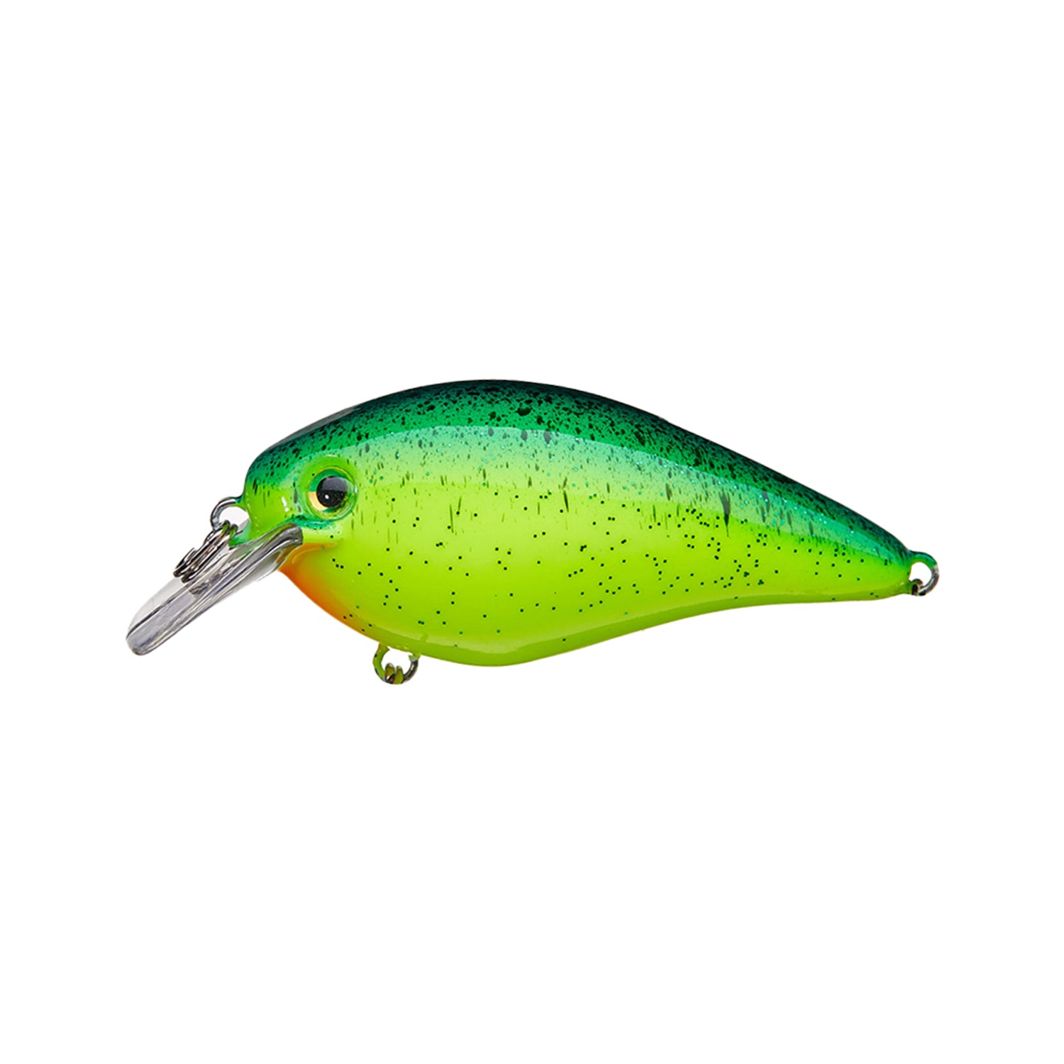The Strike King KVD 1.5 Silent Squarebill Crankbait is a brightly colored bass lure with a green-yellow gradient body, black spots, an orange patch by the mouth, and a clear plastic diving lip.