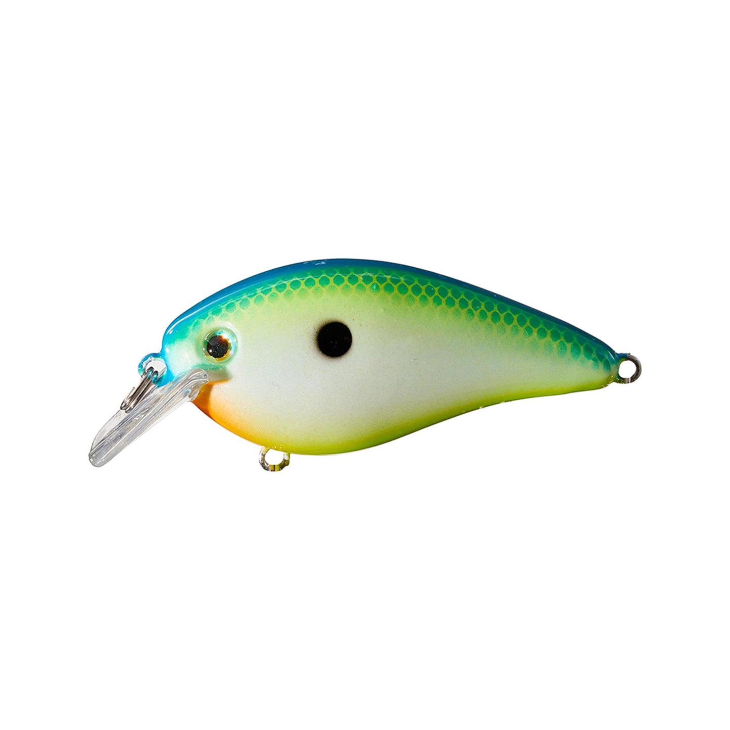 The Strike King KVD 1.5 Silent Squarebill Crankbait is a vibrant, fish-shaped bass lure with a blue-green back, yellow-green sides, white belly, orange head patch, black spot, and clear lip for diving in shallow water.