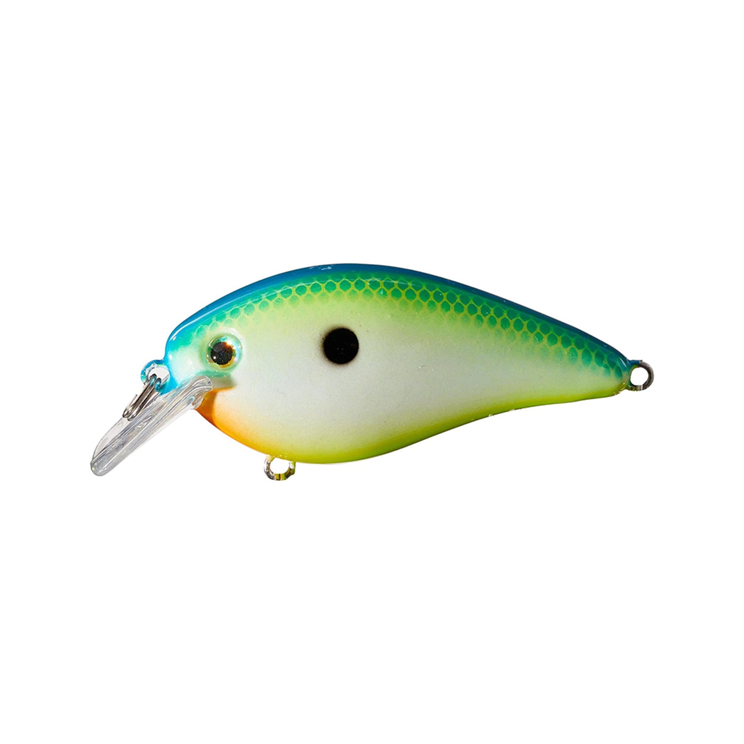 The Strike King KVD 1.5 Silent Squarebill Crankbait is a vibrant, fish-shaped bass lure with a blue-green back, yellow-green sides, white belly, orange head patch, black spot, and clear lip for diving in shallow water.