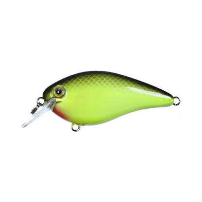 A green and yellow Strike King KVD 1.5 Silent Squarebill Crankbait, shaped like a small fish with a dark top, light belly, realistic eye, and clear diving lip—ideal bass lure—by Strike King on a white background.
