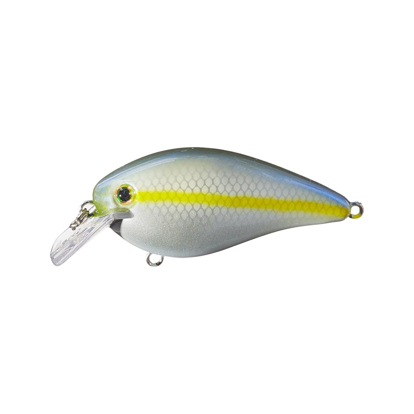 The Strike King KVD 1.5 Silent Squarebill Crankbait by Strike King features a greenish-yellow stripe, shiny silver body, realistic eye, and diving plastic lip—ideal for bass fishing in shallow water.