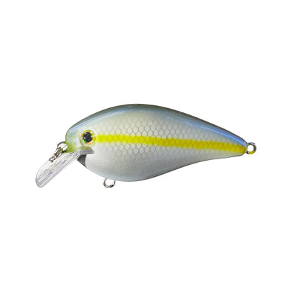 The Strike King KVD 1.5 Silent Squarebill Crankbait by Strike King features a greenish-yellow stripe, shiny silver body, realistic eye, and diving plastic lip—ideal for bass fishing in shallow water.