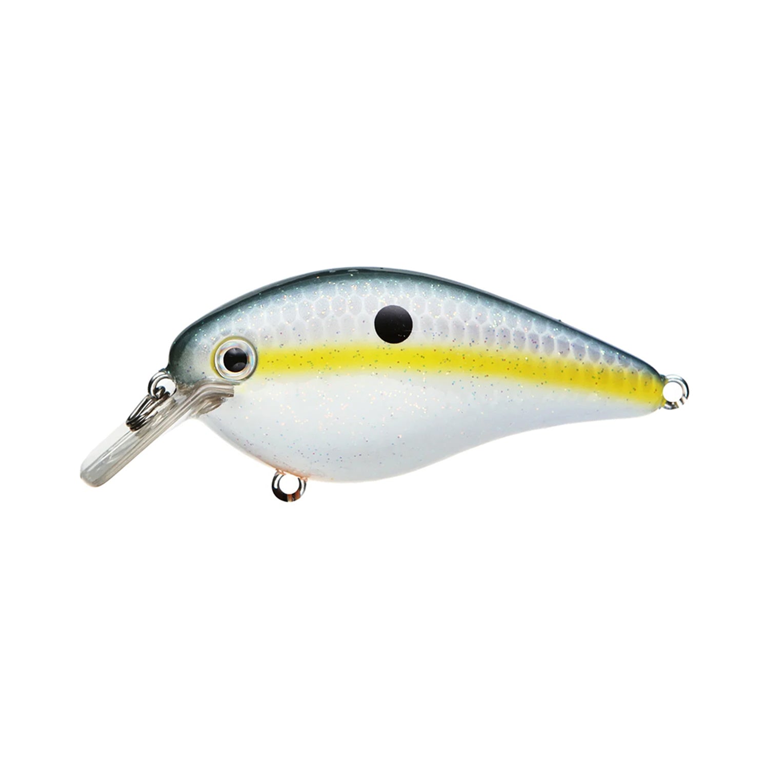 The Strike King KVD 1.5 Silent Squarebill Crankbait is a bass fishing lure with a silver and white body, yellow stripe, black spot, and clear plastic lip—perfect for shallow water action.