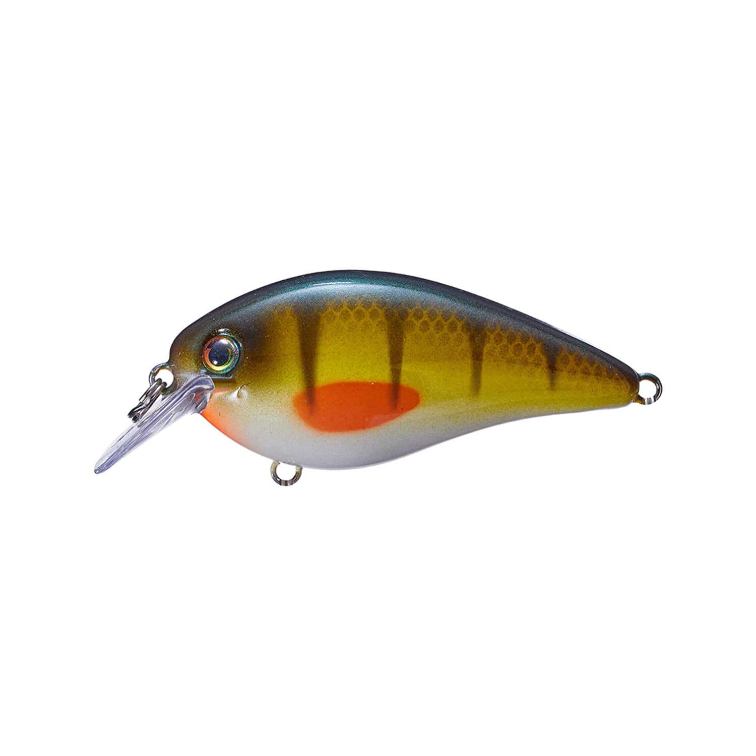 The Strike King KVD 1.5 Silent Squarebill Crankbait by Strike King is a fish-shaped shallow water lure with a green back, yellow sides with dark stripes, an orange gill spot, and a clear lip—ideal for bass fishing.