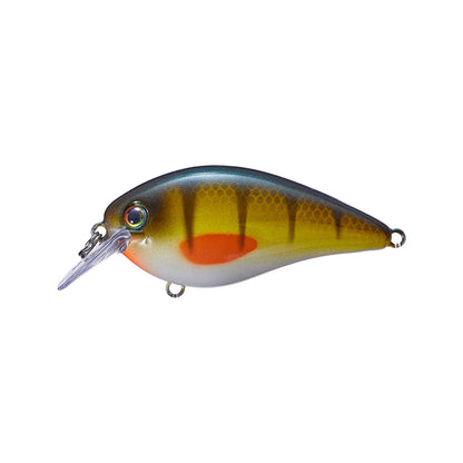 The Strike King KVD 1.5 Silent Squarebill Crankbait by Strike King is a fish-shaped shallow water lure with a green back, yellow sides with dark stripes, an orange gill spot, and a clear lip—ideal for bass fishing.