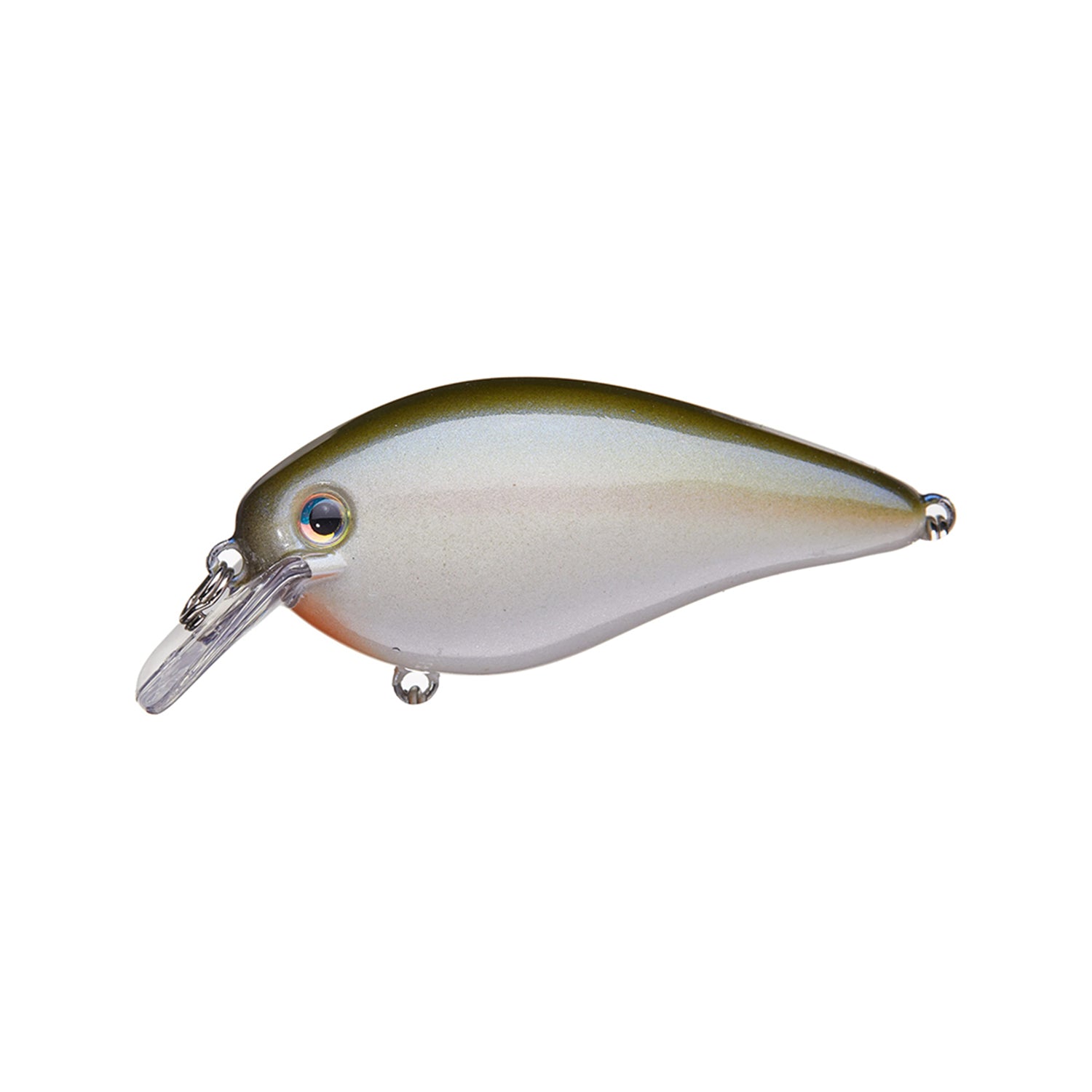 The Strike King KVD 1.5 Silent Squarebill Crankbait by Strike King has an olive-green top, pale sides, orange near the head, a clear diving lip, and hooks underneath and at the tail—ideal for shallow water bass fishing.