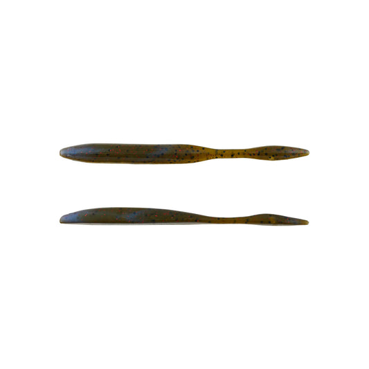 Two Strike King KVD Dream Shot 4.25" soft plastic lures, dark green with black and red speckles, are displayed side by side. These tapered softbaits from Strike King are ideal for dropshot rigs. Pack includes 10 lures.