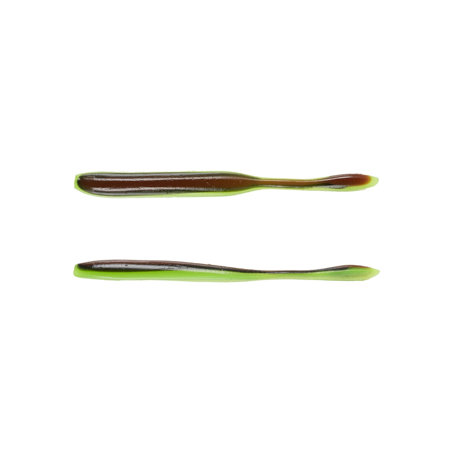 Two Strike King KVD Dream Shot OPT 4.25" softbaits by Strike King, featuring green edges and brown centers, are shown side by side on a white background. The lures are slender with tapered ends and identical in shape and color pattern.