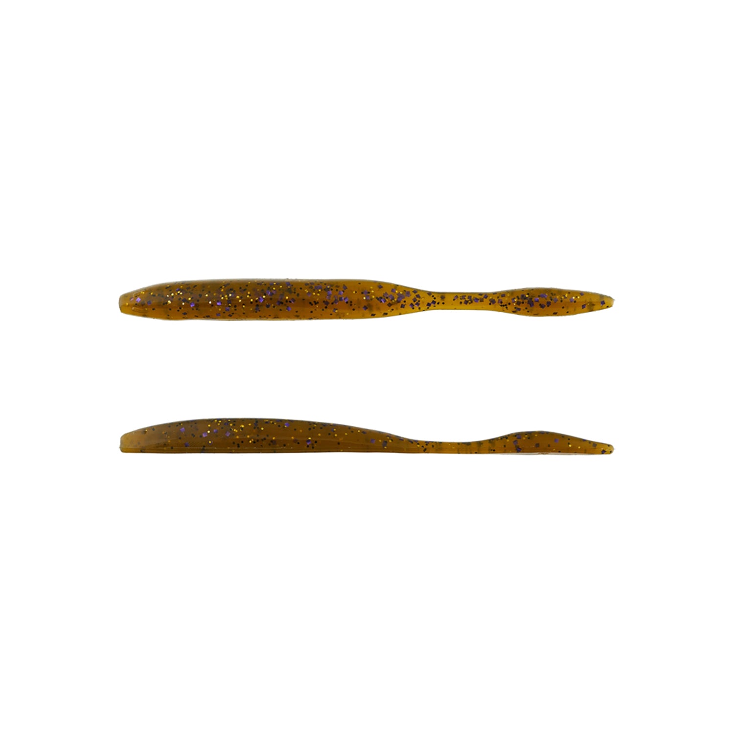 Two Strike King KVD Dream Shot 4.25" soft plastic lures in brownish-orange with black and silver speckles, perfect for dropshot rigs, shown horizontally on a white background. Brand: Strike King. Pack of 10.