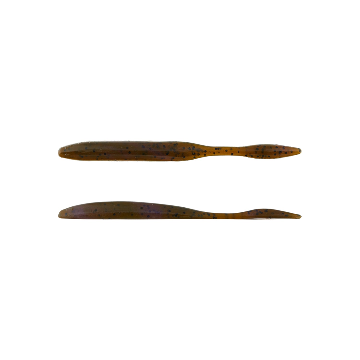 Two Strike King KVD Dream Shot 4.25" softbaits, shown from the side and top views in brown with black speckles, feature a slender, tapered design—ideal for finesse techniques like dropshot rigs. Sold as a 10-pack by Strike King.