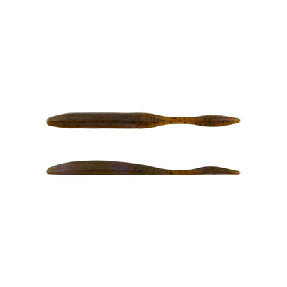 Two Strike King KVD Dream Shot 4.25" softbaits, shown from the side and top views in brown with black speckles, feature a slender, tapered design—ideal for finesse techniques like dropshot rigs. Sold as a 10-pack by Strike King.