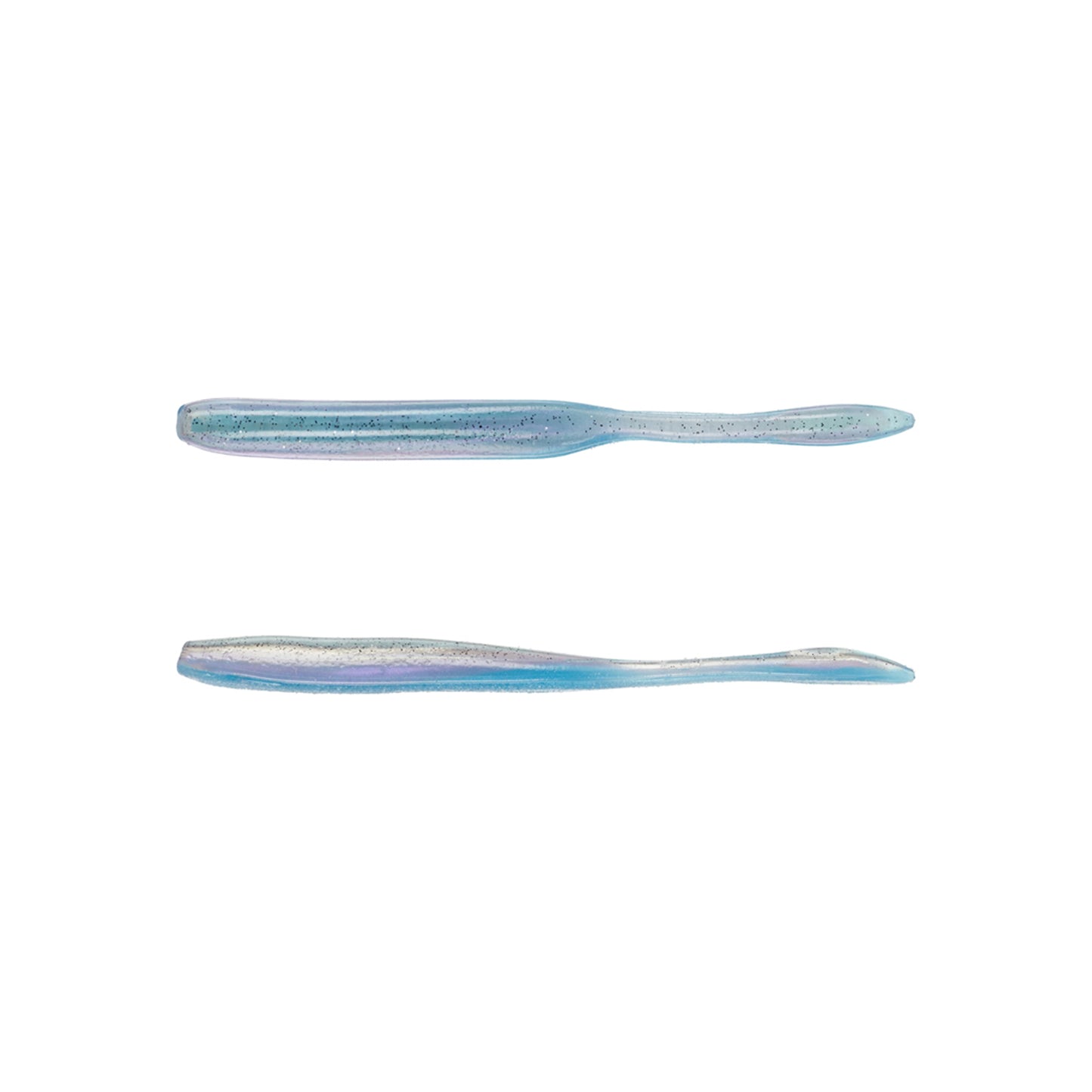 Two iridescent Strike King KVD Dream Shot OPT 4.25" soft plastic fishing lures, shown on a white background—one viewed from above and one from the side—feature a slender, minnow-like shape. Brand: Strike King.