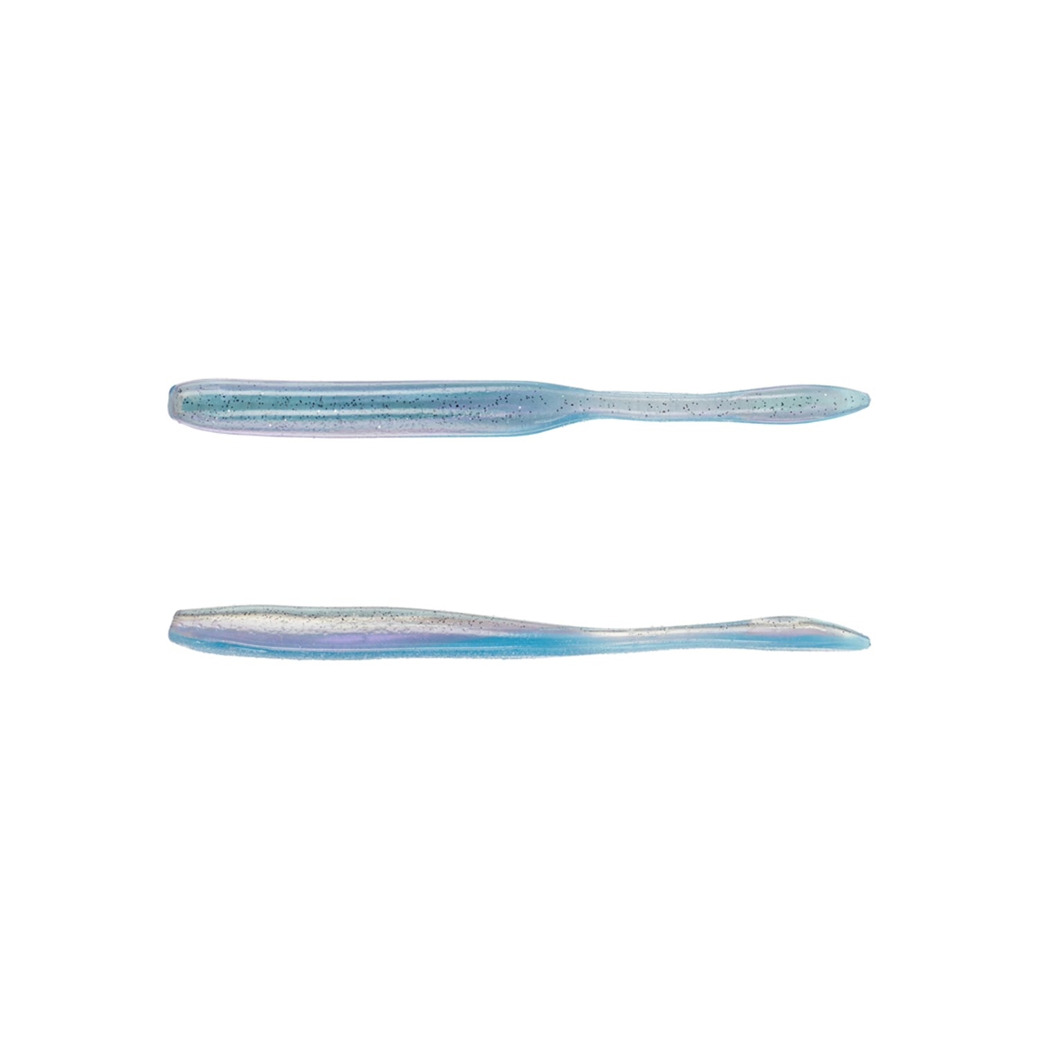 Two iridescent Strike King KVD Dream Shot OPT 4.25" soft plastic fishing lures, shown on a white background—one viewed from above and one from the side—feature a slender, minnow-like shape. Brand: Strike King.