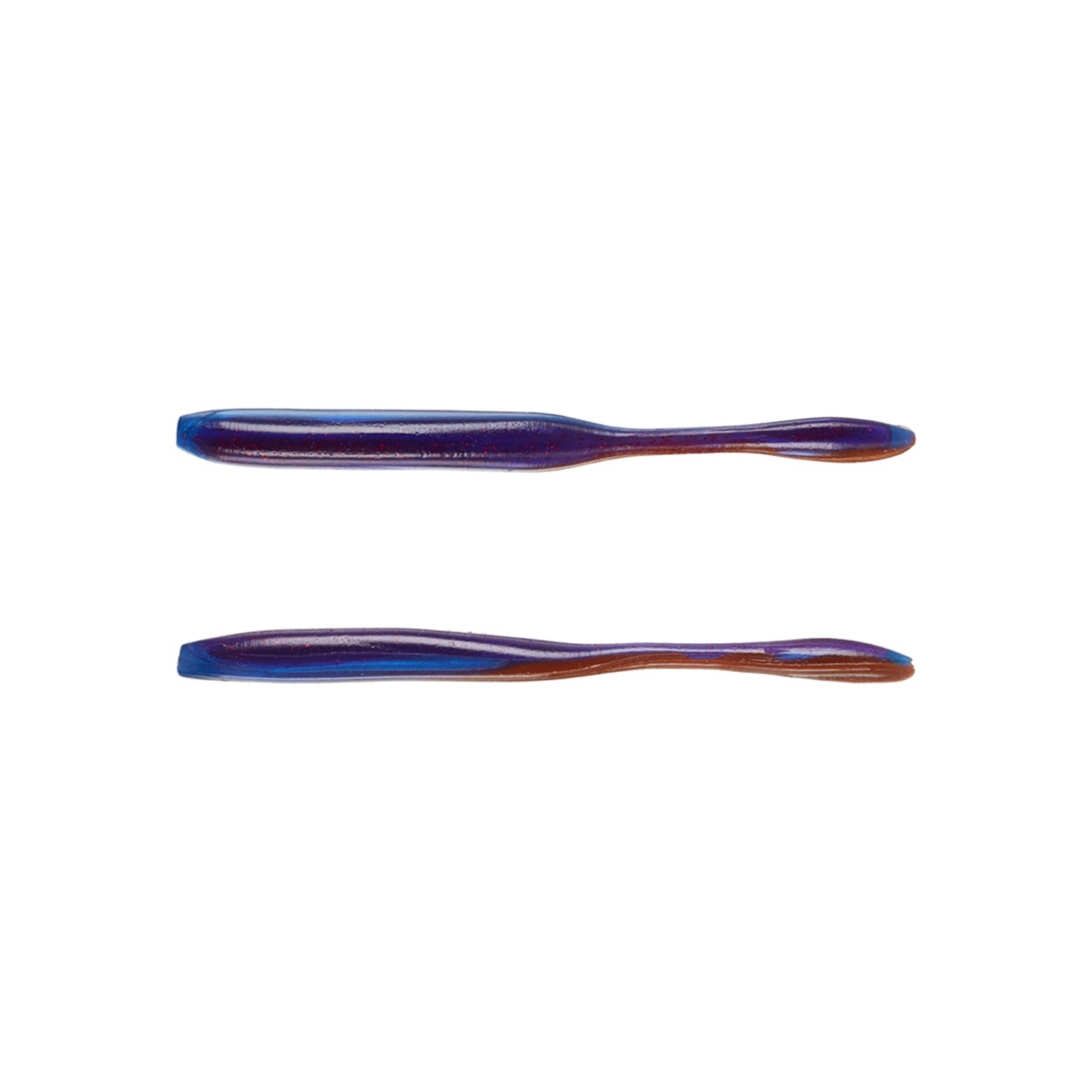 Two Strike King KVD Dream Shot OPT 4.25" softbaits from Strike King, featuring tapered ends and a blue-brown gradient, are displayed horizontally on a white background.