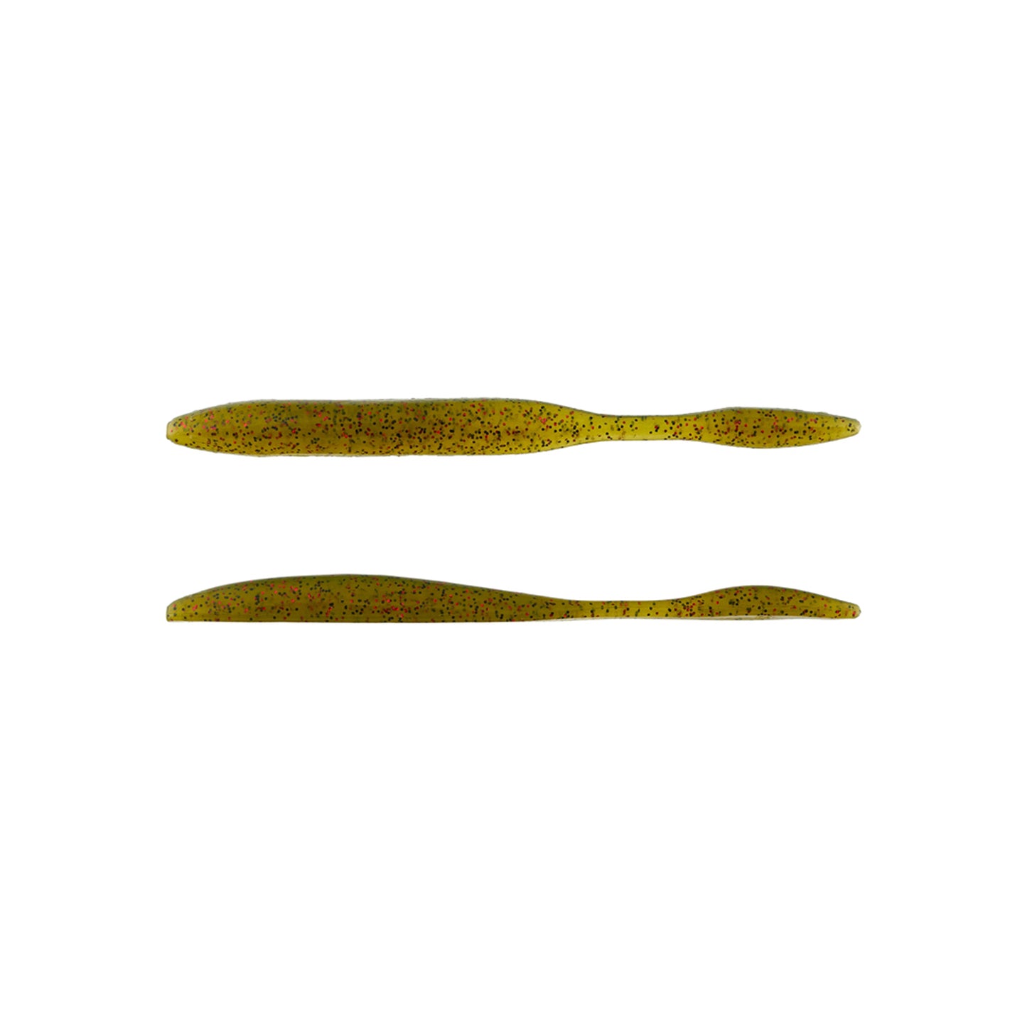 Two Strike King KVD Dream Shot 4.25" softbaits in green with black speckles are shown horizontally on a white background, ideal for dropshot rigs. Sold in packs of 10 by Strike King.