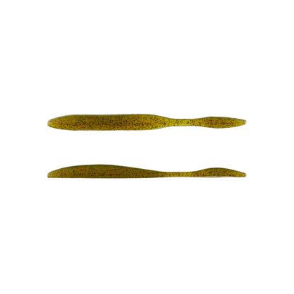Two Strike King KVD Dream Shot 4.25" softbaits in green with black speckles are shown horizontally on a white background, ideal for dropshot rigs. Sold in packs of 10 by Strike King.
