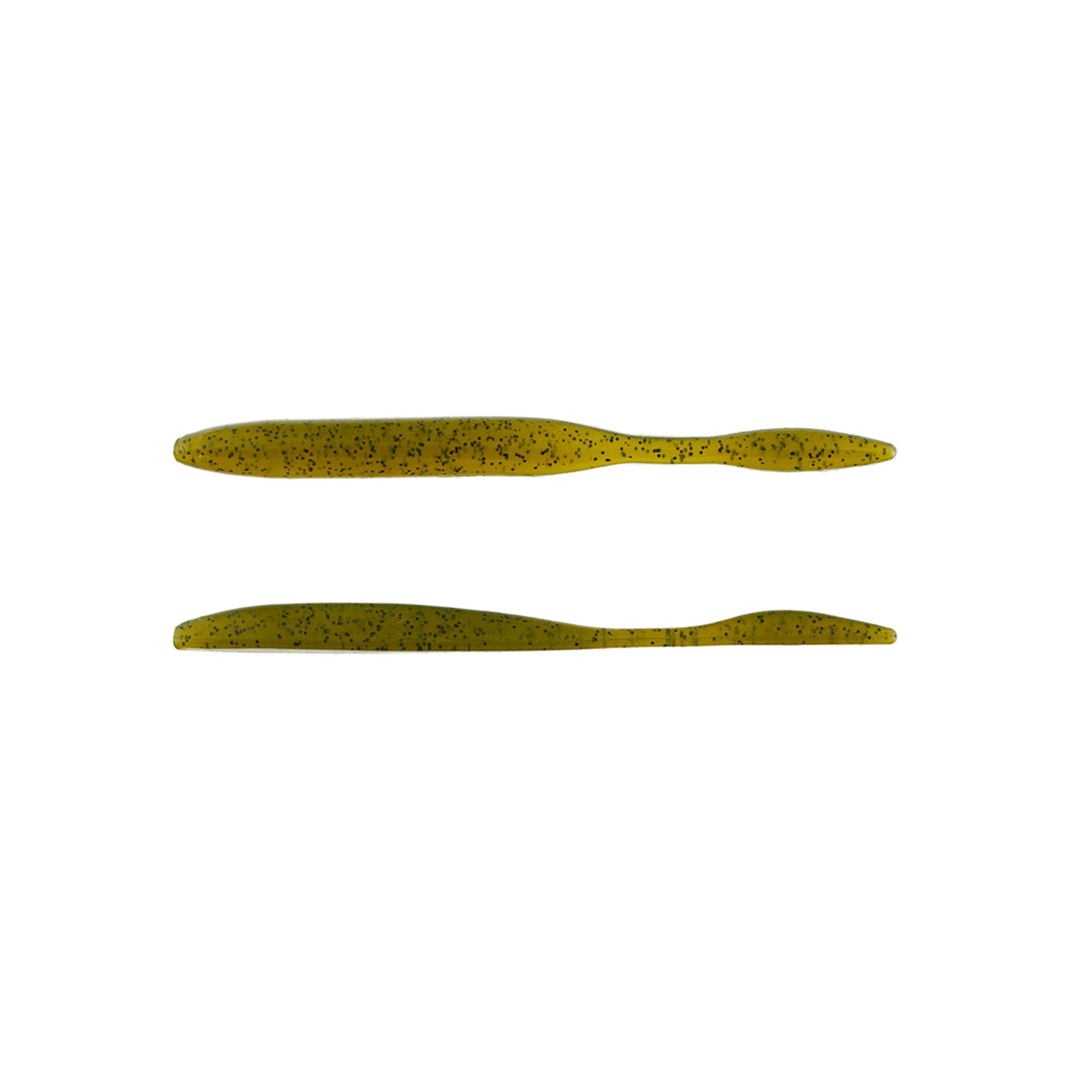 Two Strike King KVD Dream Shot 4.25" softbaits in olive green with black speckles are shown side by side on a white background—ideal for your next dropshot rig.