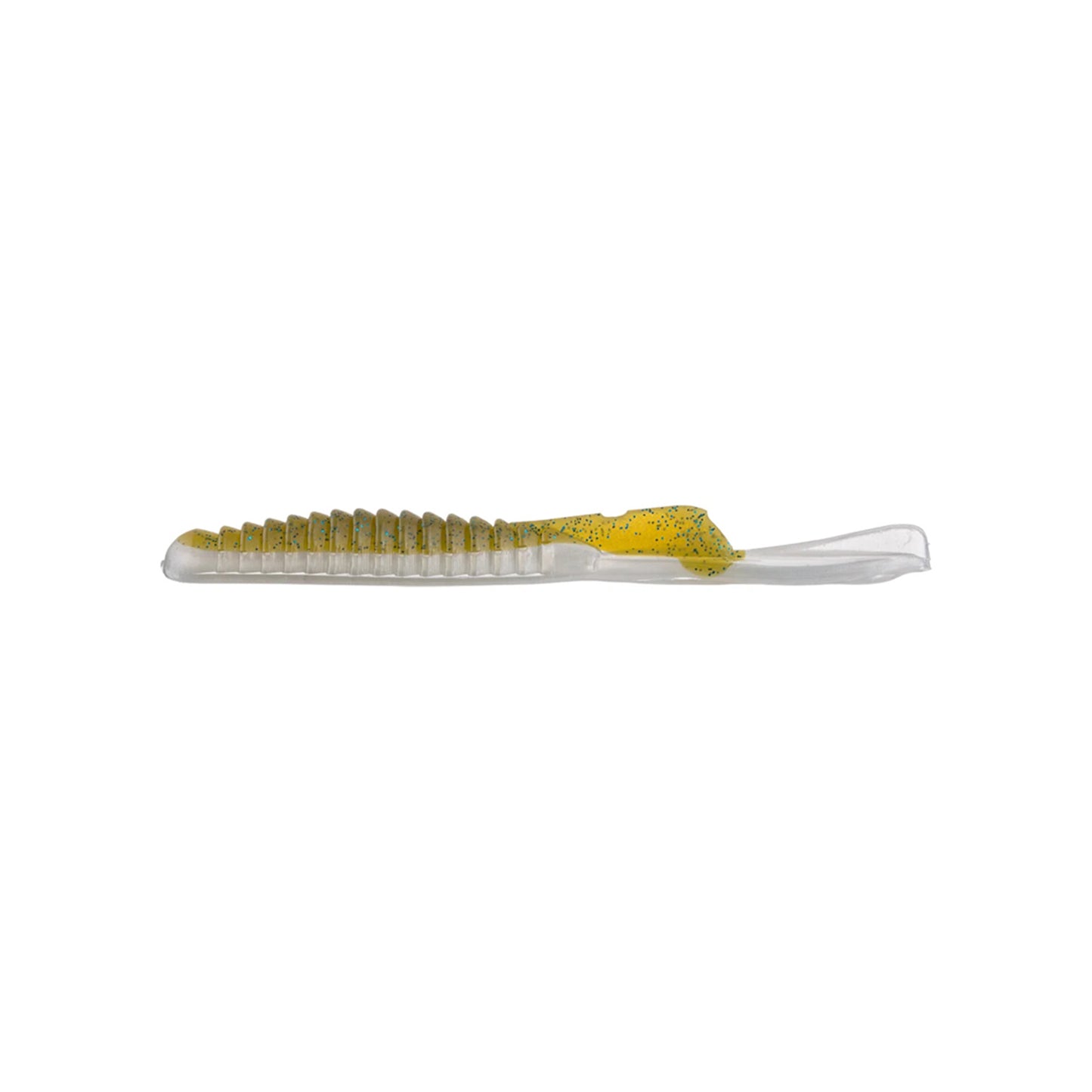 The Strike King KVD Drop Shot Half Shell OPT 3.5" lure features a ribbed body, yellow color with black speckles, and a clear tail. Sold in packs of 9 and shown on a white background.