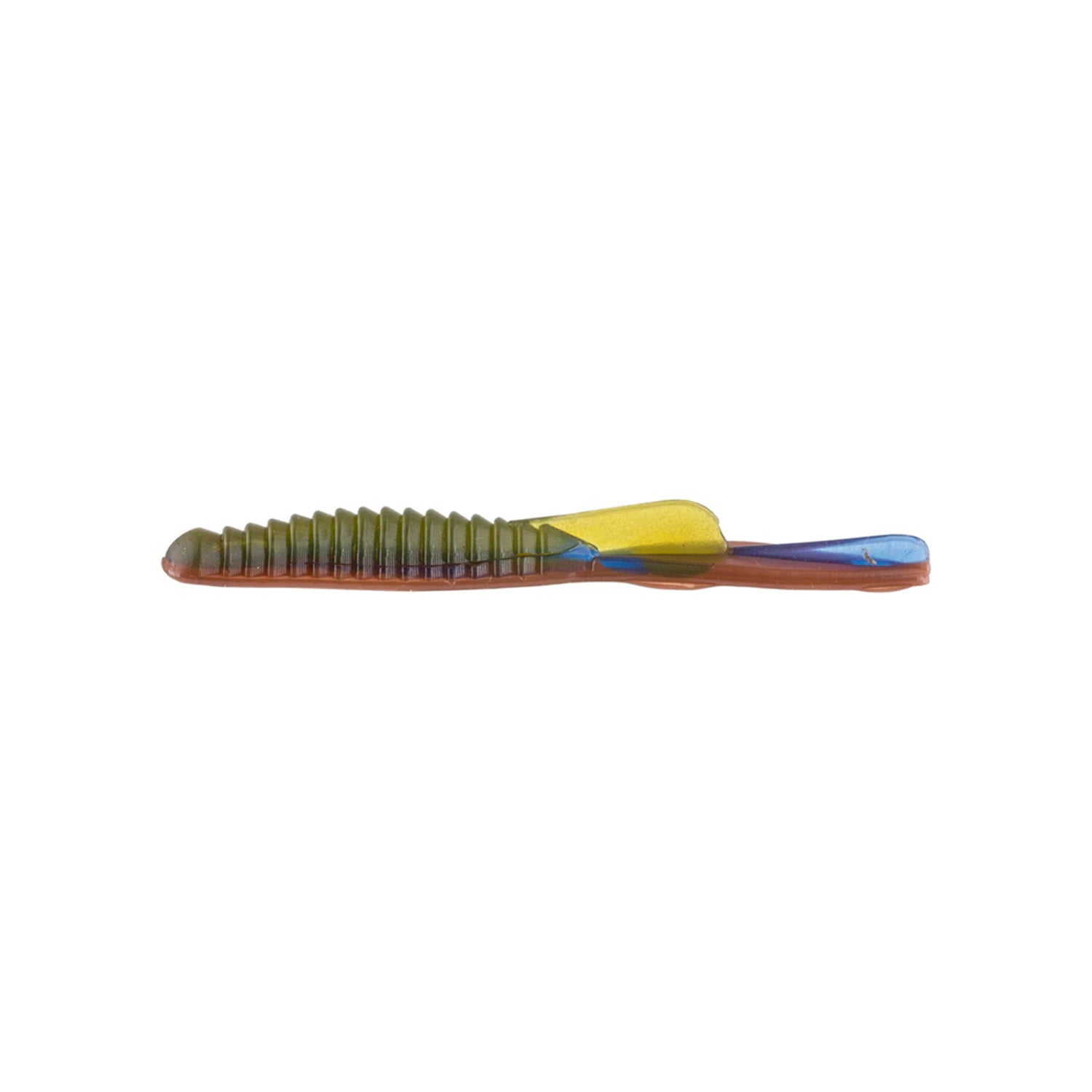 The Strike King KVD Drop Shot Half Shell OPT 3.5" 9pk features a ribbed olive green body, yellow top, and blue tail, mimicking a small fish—perfect for anglers seeking lifelike action from a trusted Strike King lure.