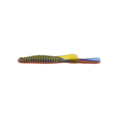 The Strike King KVD Drop Shot Half Shell OPT 3.5" 9pk features a ribbed olive green body, yellow top, and blue tail, mimicking a small fish—perfect for anglers seeking lifelike action from a trusted Strike King lure.