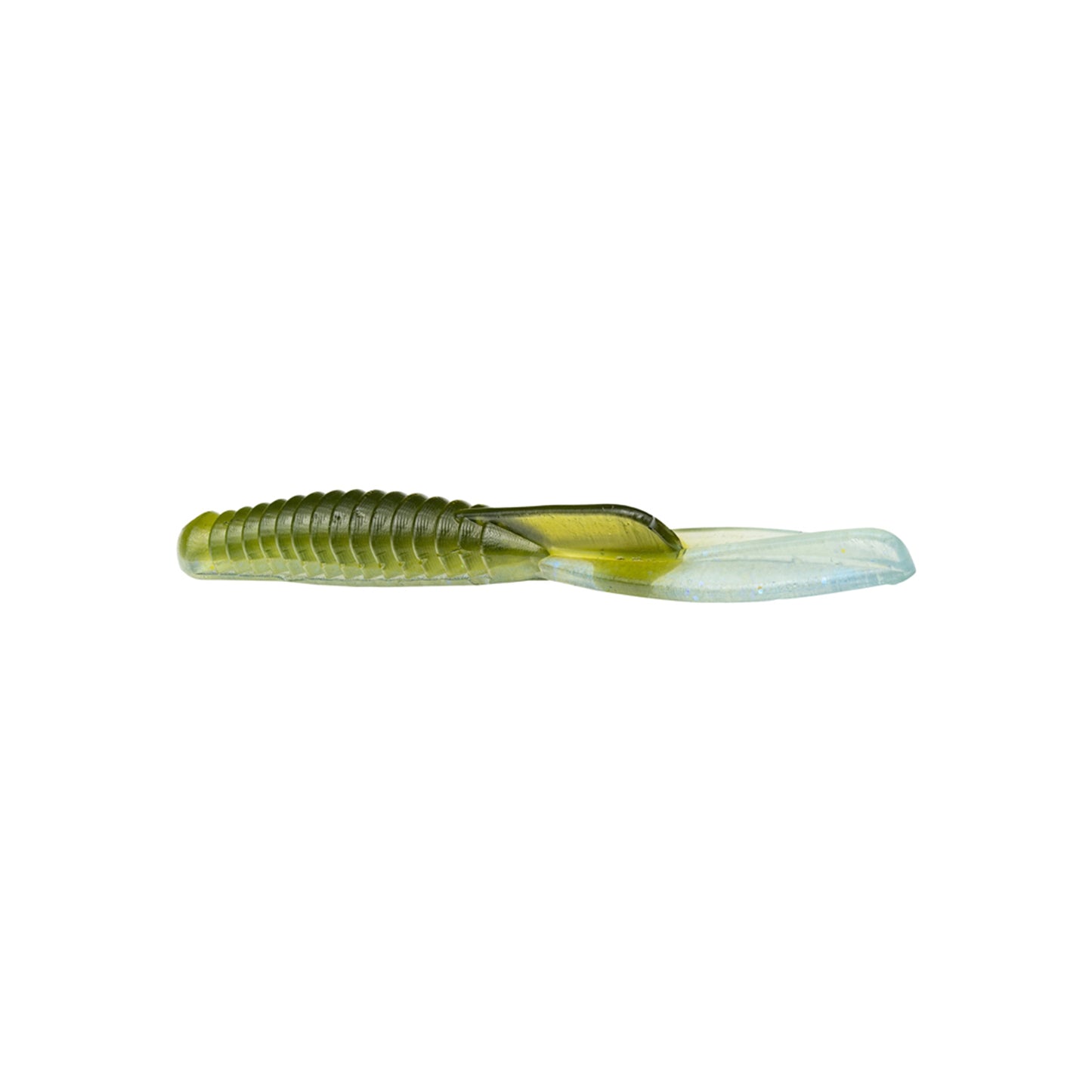The Strike King KVD Drop Shot Half Shell OPT 3.5" 9pk is a soft plastic lure with a ribbed olive-green body and translucent paddle tail, ideal for drop shot fishing, shown on a white background.