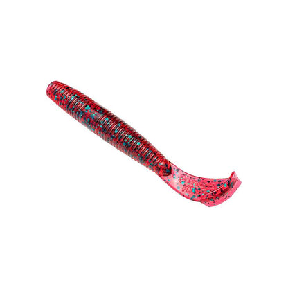 The Strike King Rage Ned Cut R Worm is a red and black speckled soft plastic bait with a ribbed body and curved tail, crafted by Strike King to attract fish.
