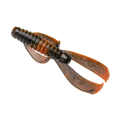 The Strike King Rage Ned Bug is a soft plastic lure shaped like a crawfish, featuring a segmented body and wide, textured claws in brown and orange to mimic natural prey and attract strikes.