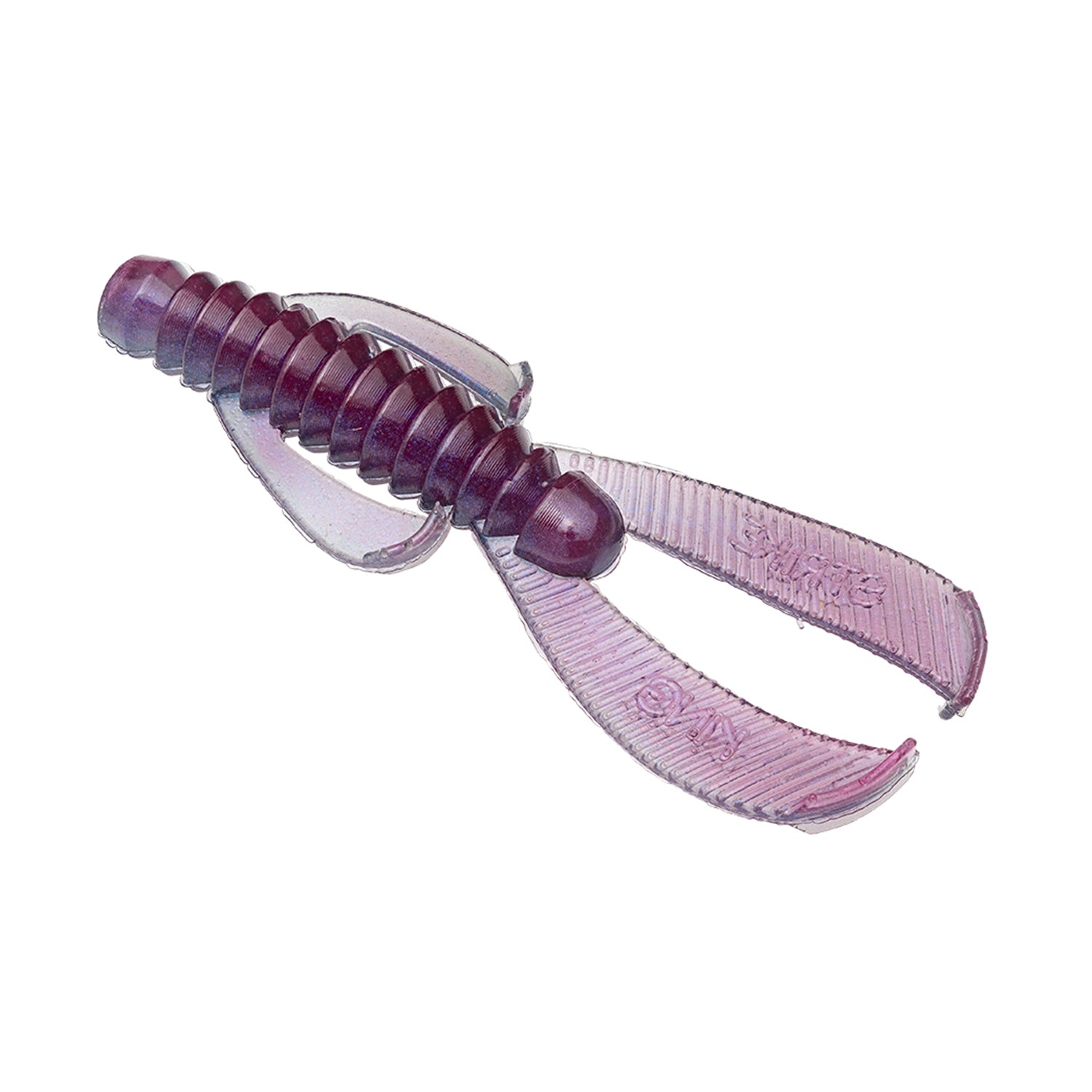 The Strike King Rage Ned Bug is a purple, ribbed soft plastic bait with two large, flat claws and side fins, mimicking a small crayfish or insect.