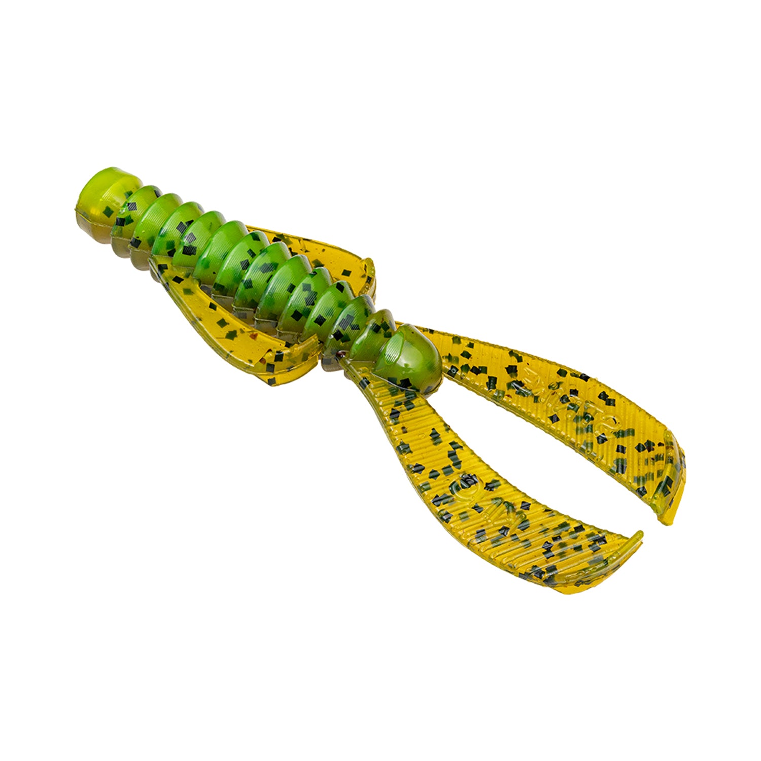 The Strike King Rage Ned Bug by Strike King is a green and yellow ribbed soft plastic bait with two long, curved appendages, a segmented worm-like body, and black speckles for lifelike movement in the water.