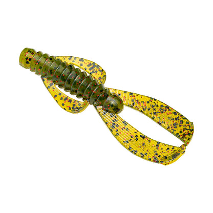 The Strike King Rage Ned Bug is a soft plastic bait featuring a ribbed green body and translucent yellow, speckled appendages, designed by Strike King to mimic small aquatic prey.