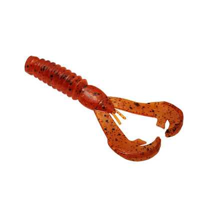 The Strike King Rage Ned Craw by Strike King is a soft plastic crawfish-shaped bait in orange with black speckles, featuring a segmented body and two large claws, shown on a white background.
