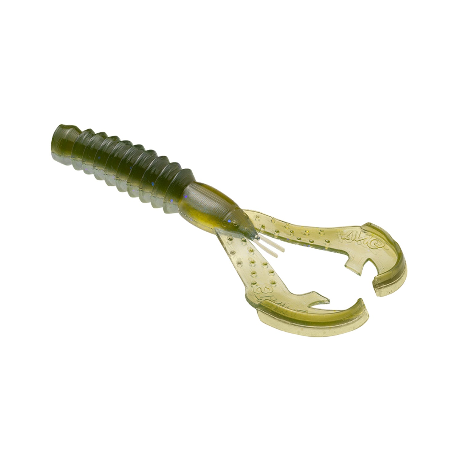 The Strike King Rage Ned Craw is a green, soft plastic bait shaped like a crawfish, featuring a ribbed body and two large claws—expertly crafted by Strike King to attract fish.