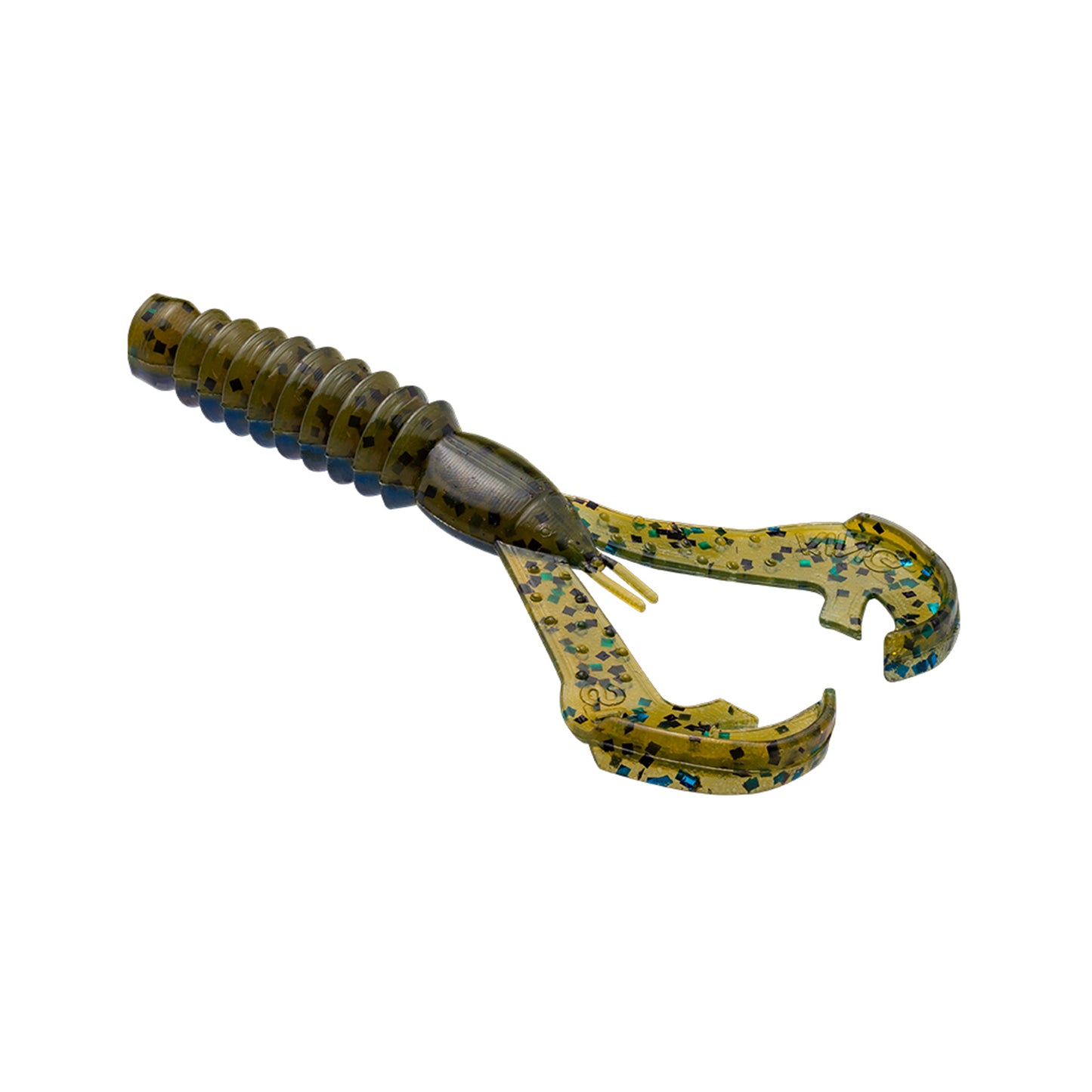 The Strike King Rage Ned Craw by Strike King is a soft plastic bait shaped like a crawfish, featuring a ribbed body, two claw-like appendages, and speckled green and black color on a white background.