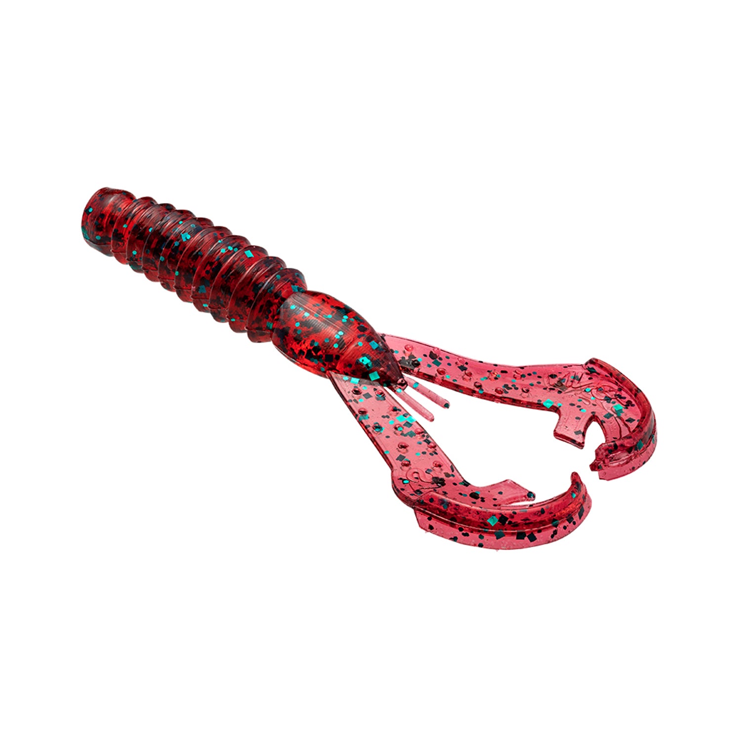 A Strike King Rage Ned Craw soft plastic bait in red, shaped like a crayfish with two large claws, ribbed body, and black and blue glitter accents, isolated on a white background.
