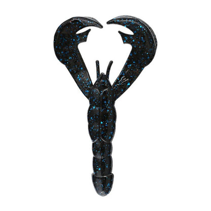 The Strike King Rage Craw 4" 7pk, a black soft plastic bait lure with two large claws and blue glitter specks, is shown on a white background.