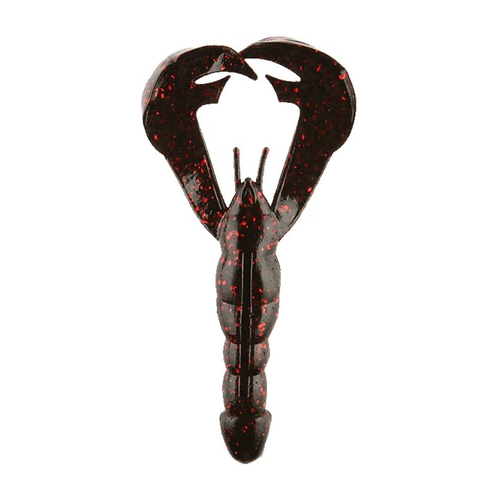 The Strike King Rage Craw 4" 7pk by Strike King is a lifelike black and red soft plastic crawfish bait with two large claws and detailed segmentation—ideal for anglers seeking a realistic fishing lure.