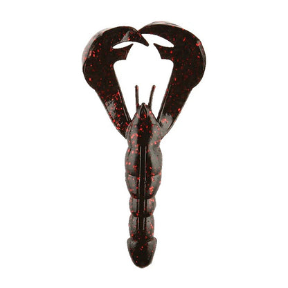 The Strike King Rage Craw 4" 7pk by Strike King is a lifelike black and red soft plastic crawfish bait with two large claws and detailed segmentation—ideal for anglers seeking a realistic fishing lure.