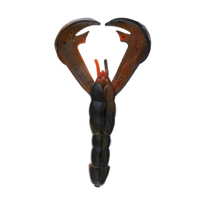 The Strike King Rage Craw 4" 7pk by Strike King is a soft plastic fishing lure with two large, curved pincers and a segmented body in dark brown and orange, resembling a crayfish, shown against a white background.