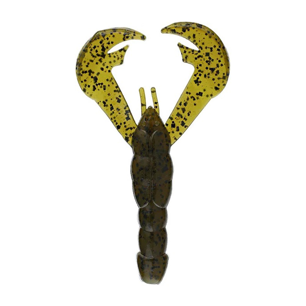 The Strike King Rage Craw 4" 7pk, by Strike King, is a soft plastic bait shaped like a crawfish, with two large yellow-black speckled claws and a dark brown segmented body—ideal for any fishing lure collection.