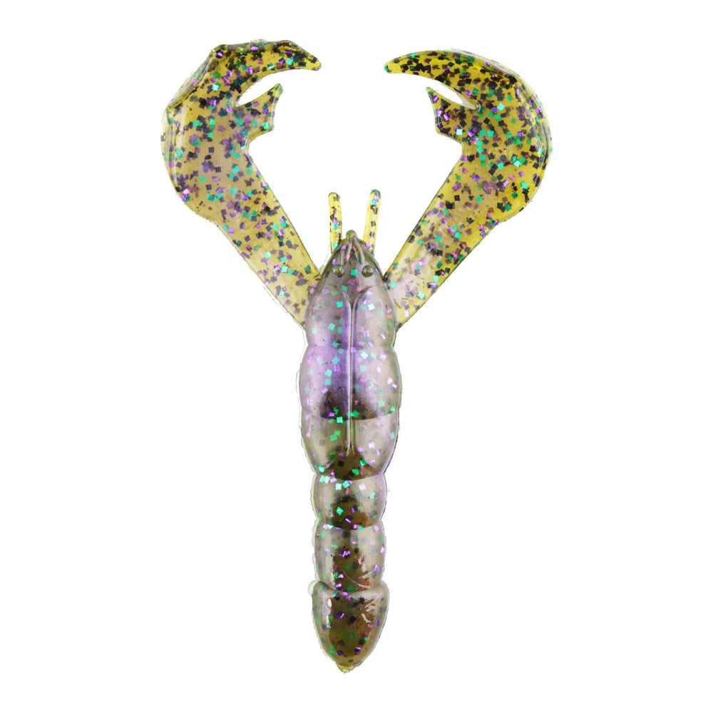 The Strike King Rage Craw 4" 7pk is a soft plastic crayfish-shaped bait with large claws and a segmented body featuring yellow, green, and purple glitter. This Strike King fishing lure is shown on a white background.